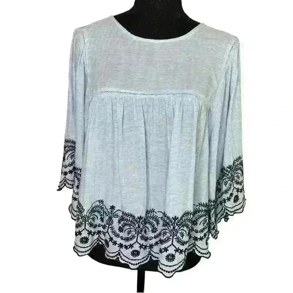 Zara Basics Stripes Embroidered Top 3/4 Sleeve Wide Sleeve